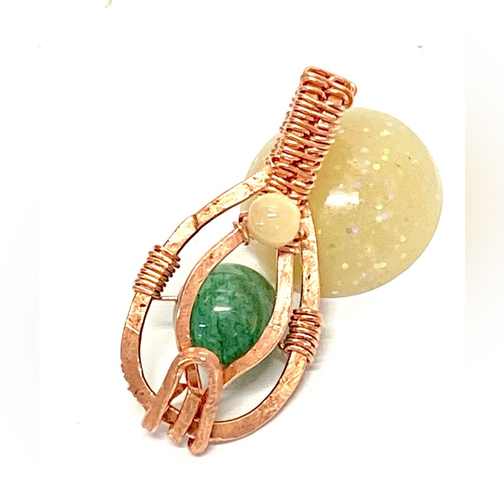 HANDMADE Green Aventurine Mother of Pearl Pendant Hand Wrapped & Hammered Copper